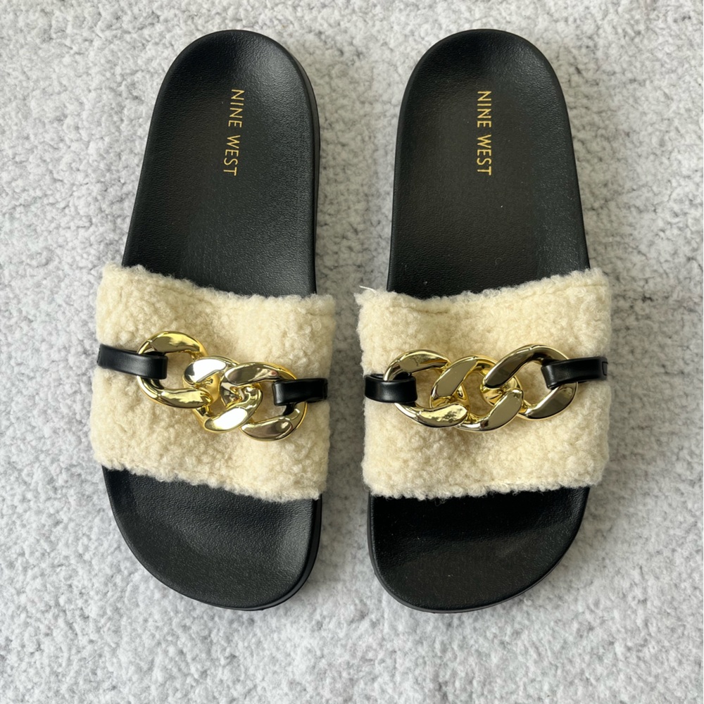 NEW Women's Nine West Cream Faux Fur Slip On Sandals Size 9 M